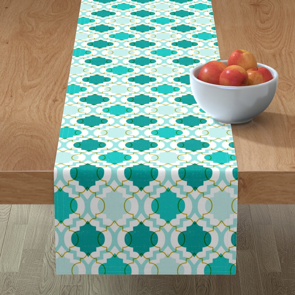 Table Runner Geometric Geo Moroccan Aqua Teal Modern Quatrefoil Cotton ...