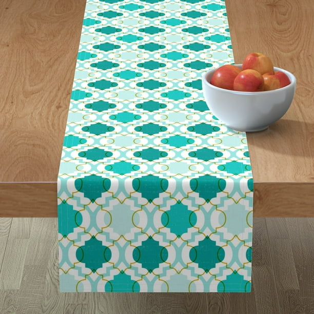 Table Runner Geometric Geo Moroccan Aqua Teal Modern Quatrefoil Cotton