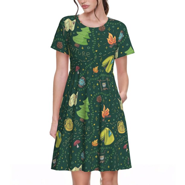 Balery Camp In The Forest Vestidos sueltos de manga corta para mujer, vestidos de verano 2025, vestidos casuales de corte A con vuelo.