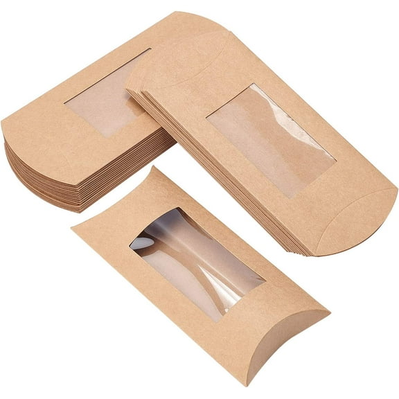 30pcs 7.3x3x1 Inches Brown Kraft Paper Pillow Boxes with Clear Window Candy Packaging Box Treat Box for Birthday Wedding Party