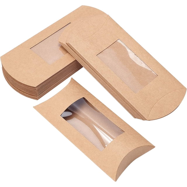 30 cajas de cartón kraft marrón de 18,5 x 7,5 x 2,5 cm con ventana transparente, ideales para envasar dulces o regalos en cumpleaños, bodas y fiestas.
