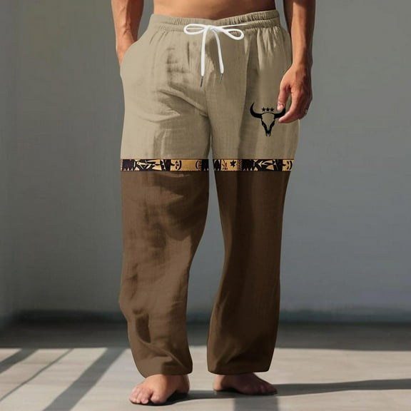Mqqzkk Mens Summer Casual Pants Color Block Linen Drawstring Pants Elastic Waist Lightweight Pant Hawaii Beach Yoga Trousers
