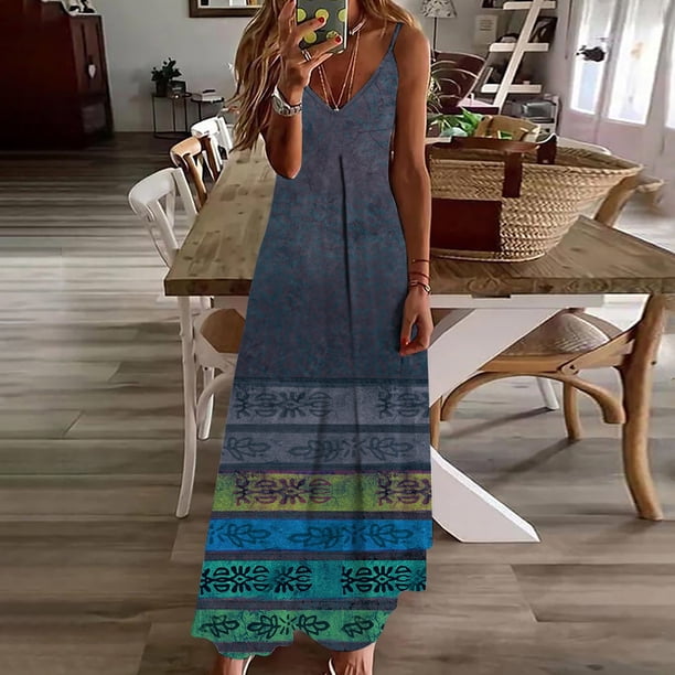Puntoco Vestidos Mujer Verano Moda Mujer Casual Retro Estampado V-Cuello Camis Vestido Largo Sin Mangas