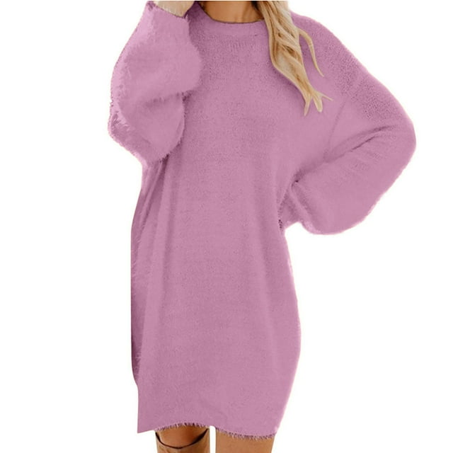 Dvkptbk Robes pour Femmes 2023 Décontractées à Col Rond Amples en Peluche Robes Mode à Manches Longues Mi-Mollet Midi Longues Robes