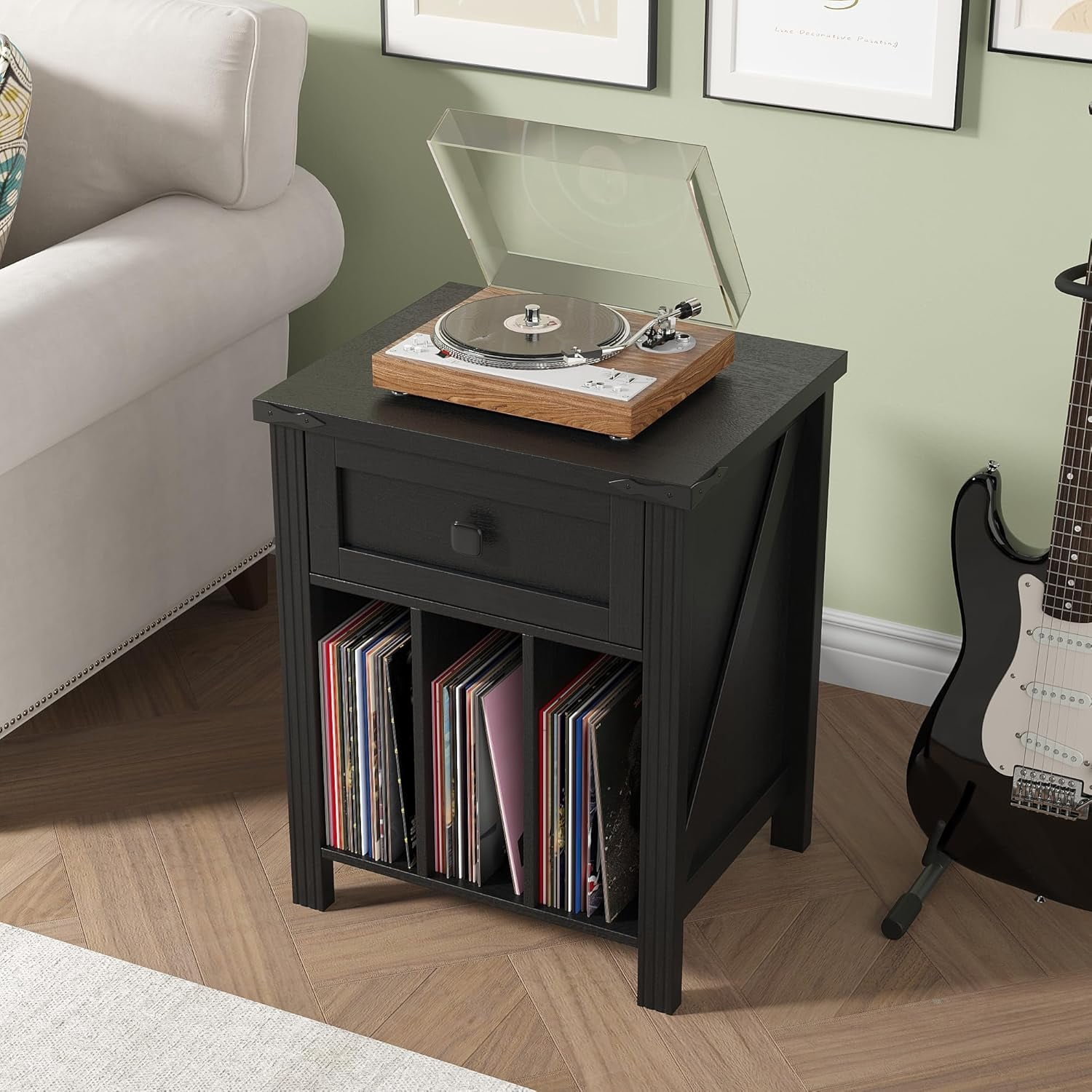 VEANERWOOD Nightstand with Drawers and Charging Station, Farmhouse Vinyl Record Storage Cabinet End Table for Bedroom Living Room