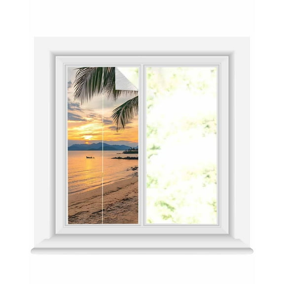 Window Privacy Film Ocean Sunset Stained Glass Window Film Decorative Sun Block Window Cover Summer Palm Tree Shore Sand Mountain Window Clings Static Adhesive Sticker for Bathroom 17.7"x39.3"
