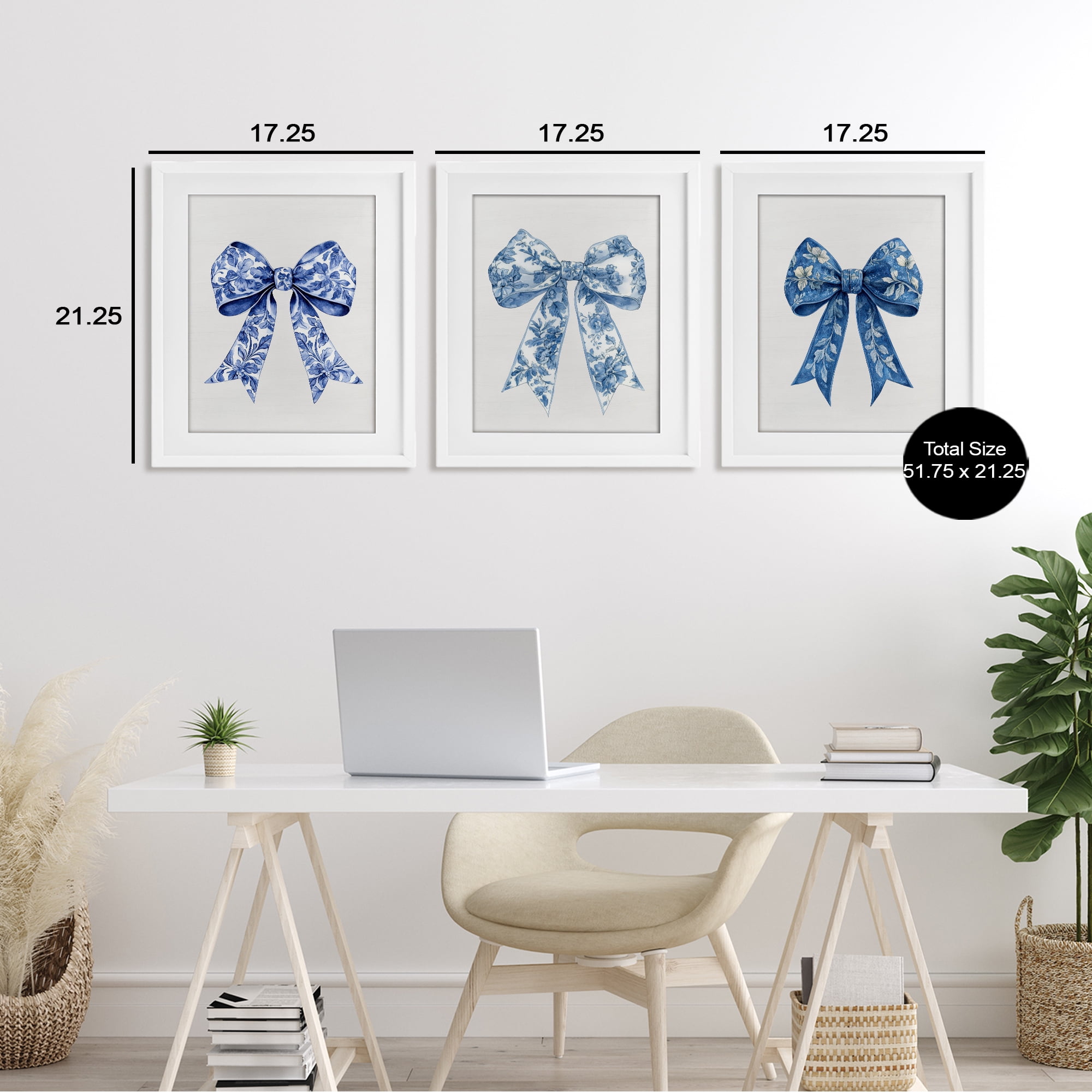 Vintage Toile Pattern Bows 3 Piece White Framed Print Under Glass Set, design by Lettered and Lined