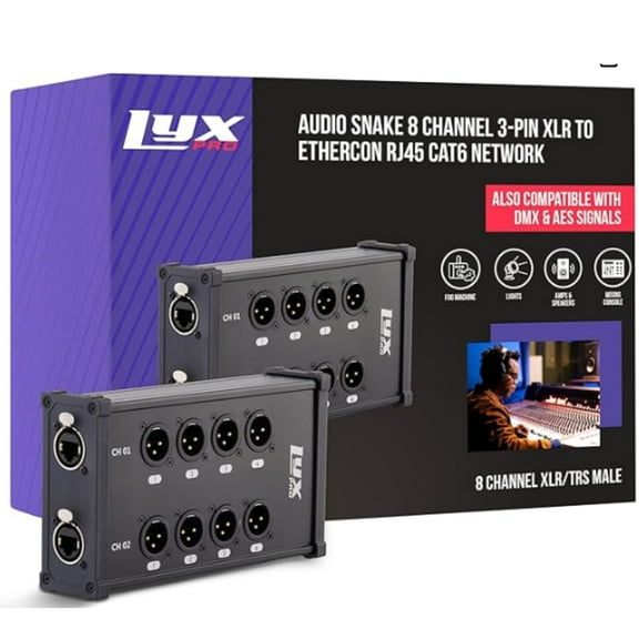 LyxPro 8-Channel Dual Input 3-Pin XLR Breakout, Male to RJ45 Ethercon, for Stage, Studio, Lighting Use