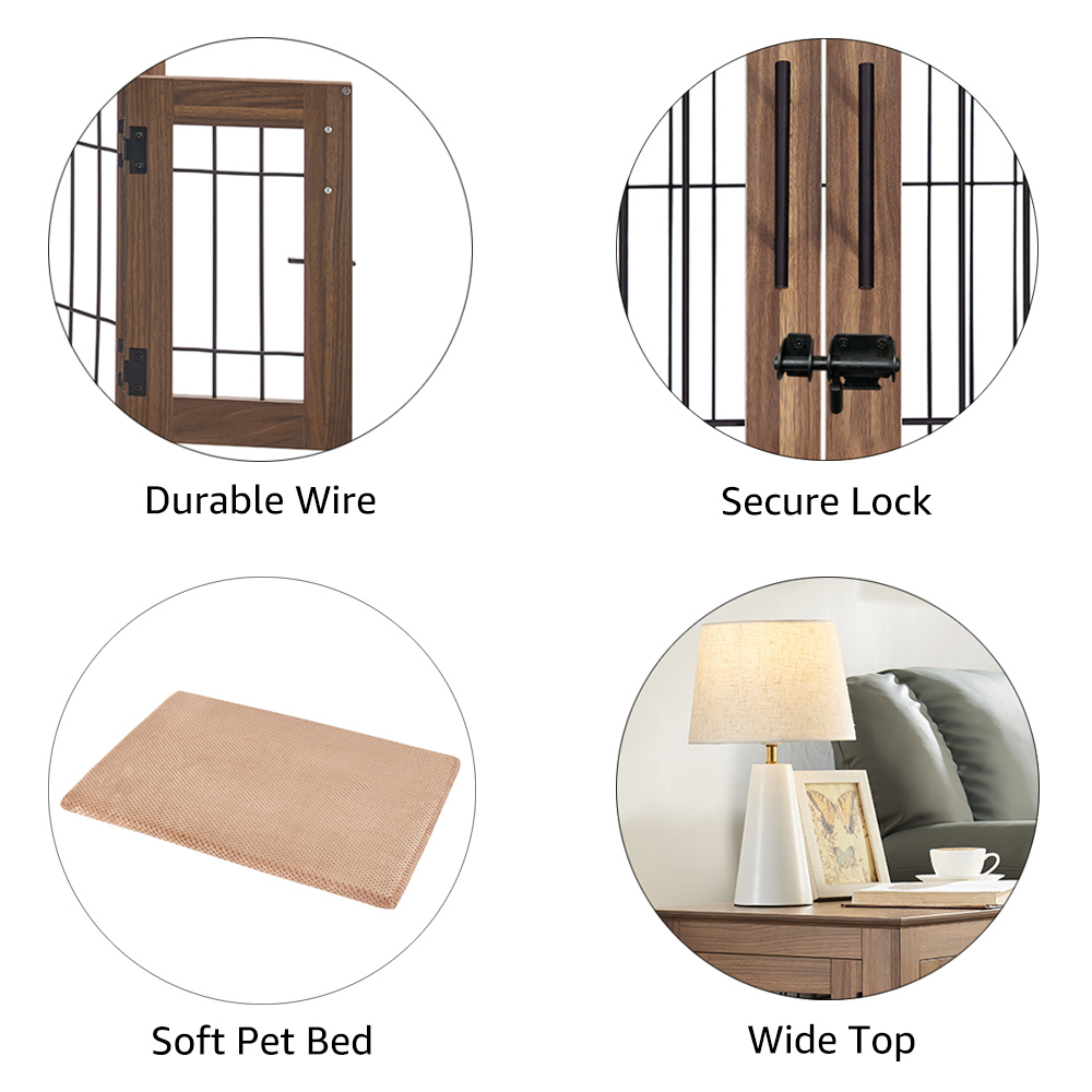 Unipaws Dog Crate Furniture, Double Doors Wooden Wire Dog Kennel with Pet Bed, Small Dog Crate