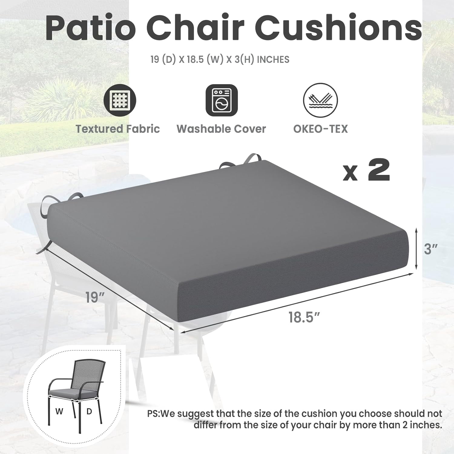AECOJOY 19"x 19"x 3" Patio Chair Cushions Set of 2, Splashproof & Fade Resistant Outdoor Chair Cushions Square Thick Outdoor Furniture Cushions in Beige