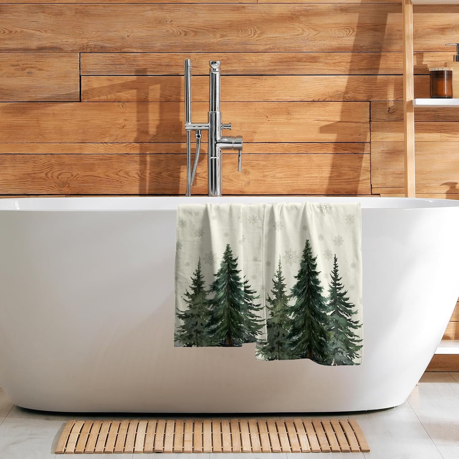 Winter Trees Hand Towels Set of 2, 28x14 Inch Nature Snow Pine Tree Xmas Beige Absorbent Microfiber Fingertip Towel Wash Cloths for Bath Kitchen Yoga Spa Face Hair
