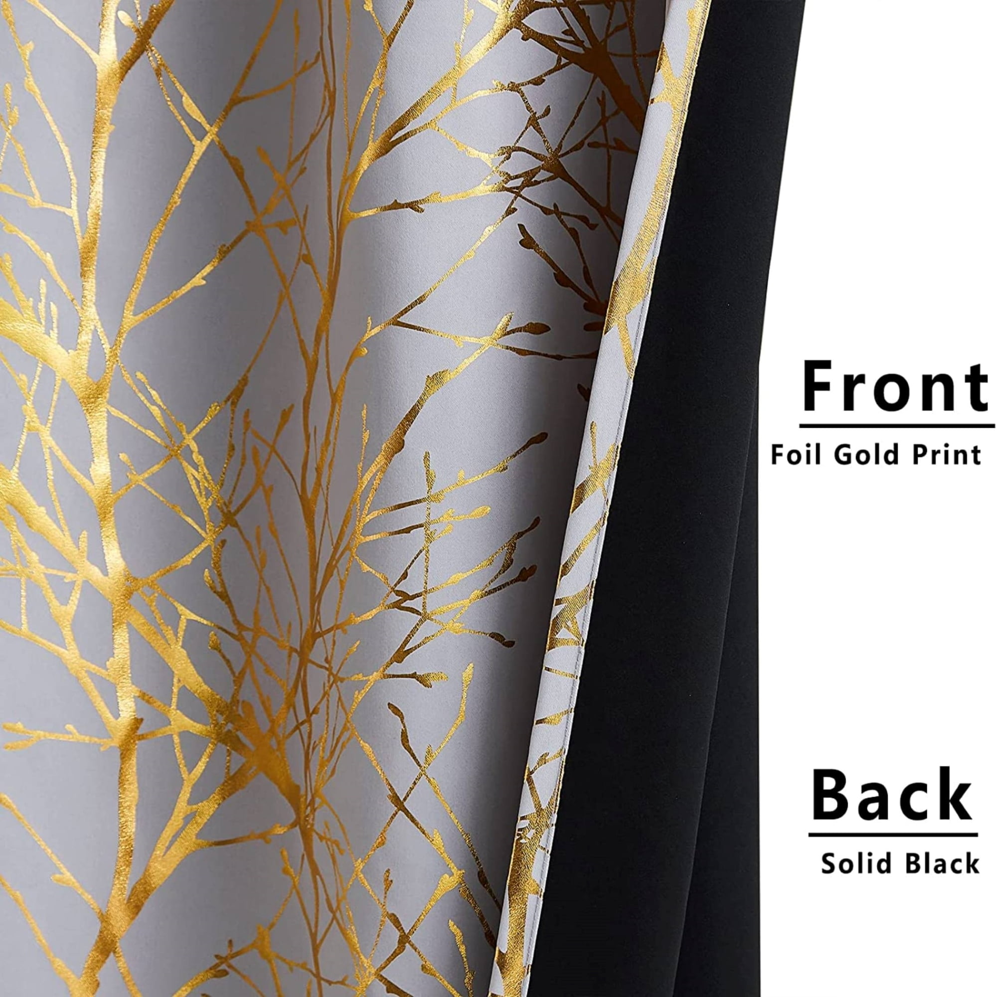 Decoultimatex Gold Gray Tree Branch Metallic Print Blackout Window Curtain Panels for Living Room Bedroom Noise Reduction Drapes, Grommet Top, 50"x 63"x 2