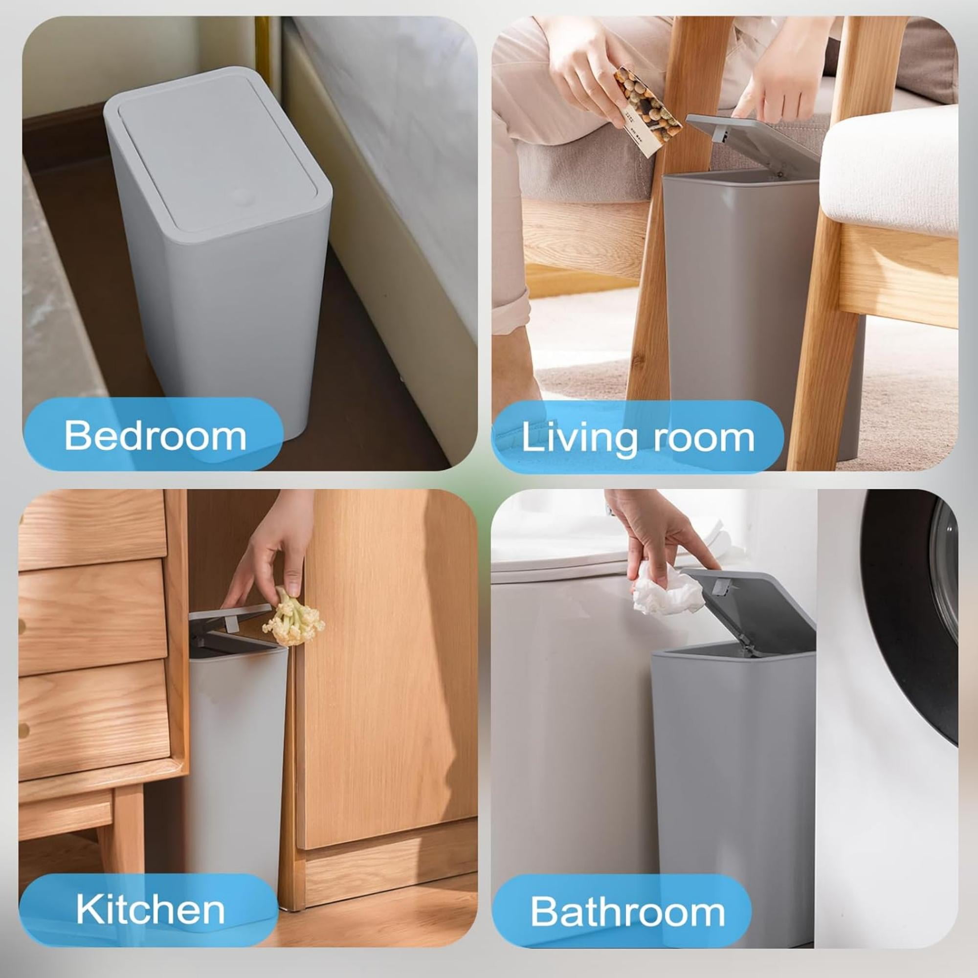 2 Pack Plastic Trash Can with Press Top Lid, 2.6 gal Modern Garbage Can, Small Wastebasket for Bathroom, Gray