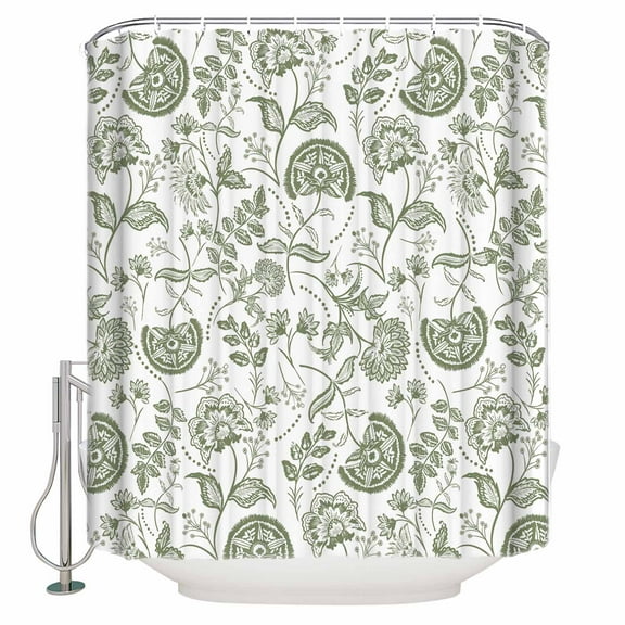 Extra Long Shower Curtain 72x84 Inch, Boho Sage Green Floral Shower Curtain Waterproof Bathroom Decor Vintage Farmhouse Paisley Plant Fabric Bath Curtain Set Accessories with Hooks