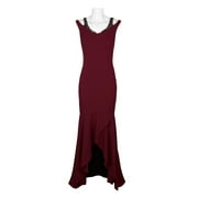 Adrianna Papell Embellished V-Neck Cutout Shoulder Sleeveless Bodycon Zipper Back Flutter Solid Crepe Dress-GARNET / 14