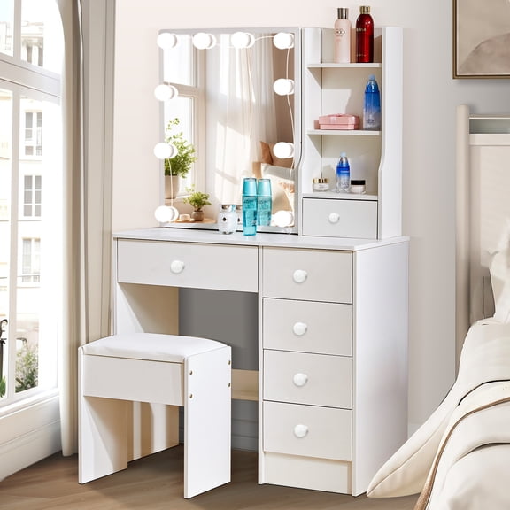 Caulitar Makeup Table with Sliding Mirror, Vanity Set with Stool, 3 Lighting Modes Adjustable Brightness, Dressing Table Set for Women, White