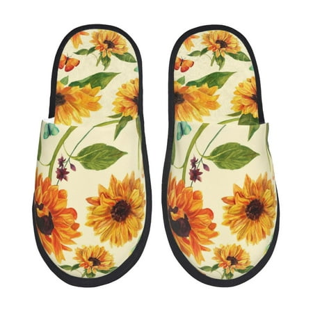 Balery Sunflowers And Butterflies Slient Indoor Furry Fleece Comfort House Shoes Soft Non-Slip Home Shoes Cotton slippers House Slippers-- Large