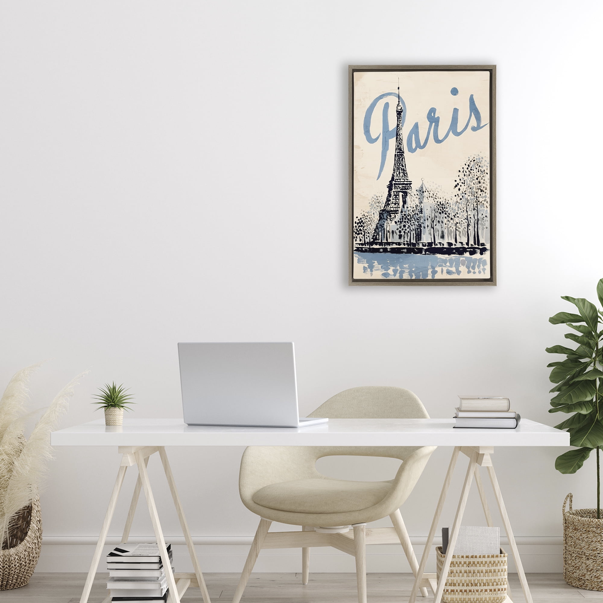 Stupell Industries Blue & Beige Paris Travel Brown Framed Floater Canvas Wall Art, design by Annabelle Hall