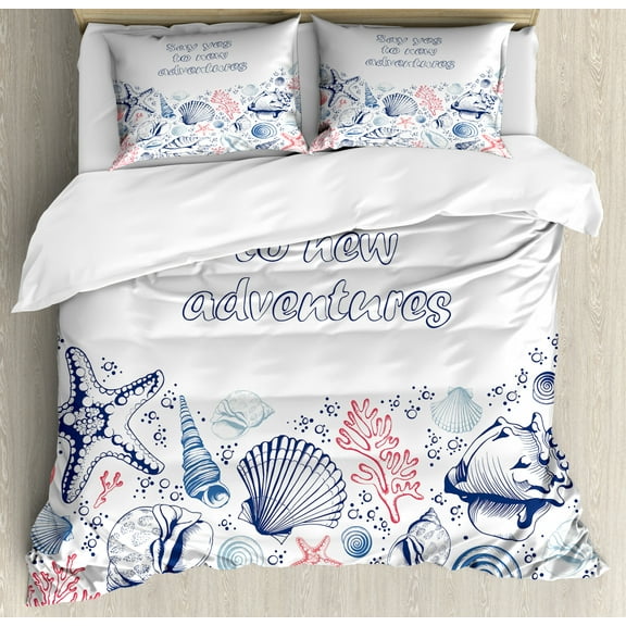 Adventure Queen Size Duvet Cover Set, Underwater Marine Wildlife Theme Seashells Corals and Starfishes, Decorative 3 Piece Bedding Set with 2 Pillow Shams, Navy Blue Dark Coral White, by Ambesonne