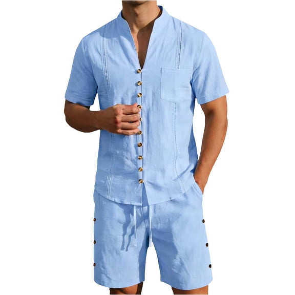 JAJAHO Mens Shorts Set Lightweight Linen Summer 2 Piece Outfits Breathable Short Sleeve Solid Color V Neck Shirt And Shorts Casual Beach Clothes Stylish Outfit