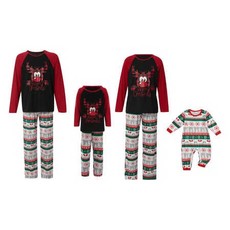 

Biekopu Family Matching Christmas Pajamas Sets Merry Deer Printed Pattern Long Sleeve Tops Stripe Long Pants/Romper Pjs Loungewear