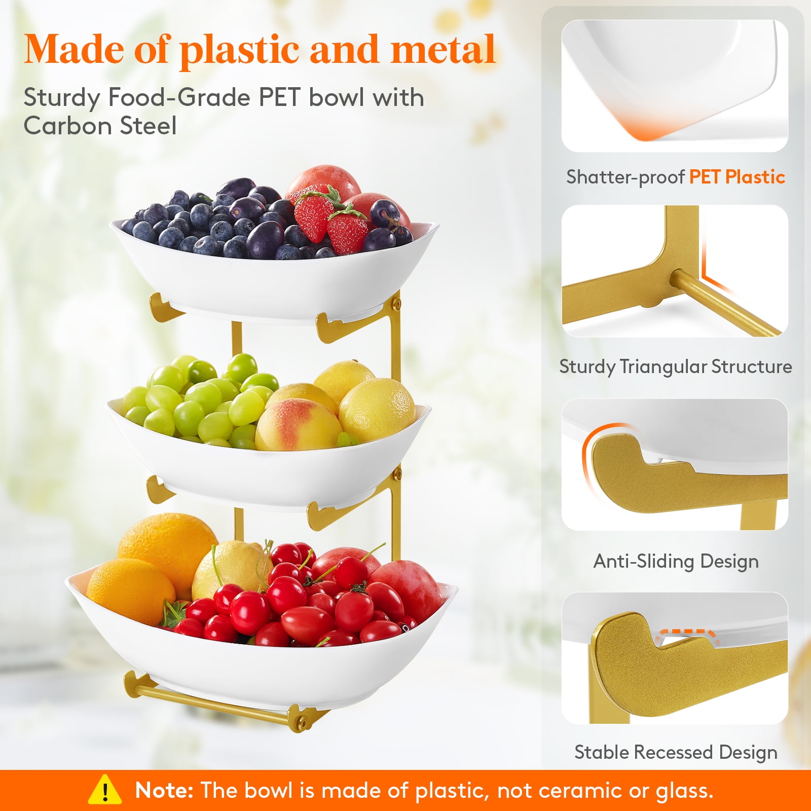 Lifewit Plastic Fruit Bowl Basket for Kitchen Countertop, 3 Tier Fruit Holder with Gold Metal Stand, Serving Tray for Food, Vegetable, Cake, Dessert in Party