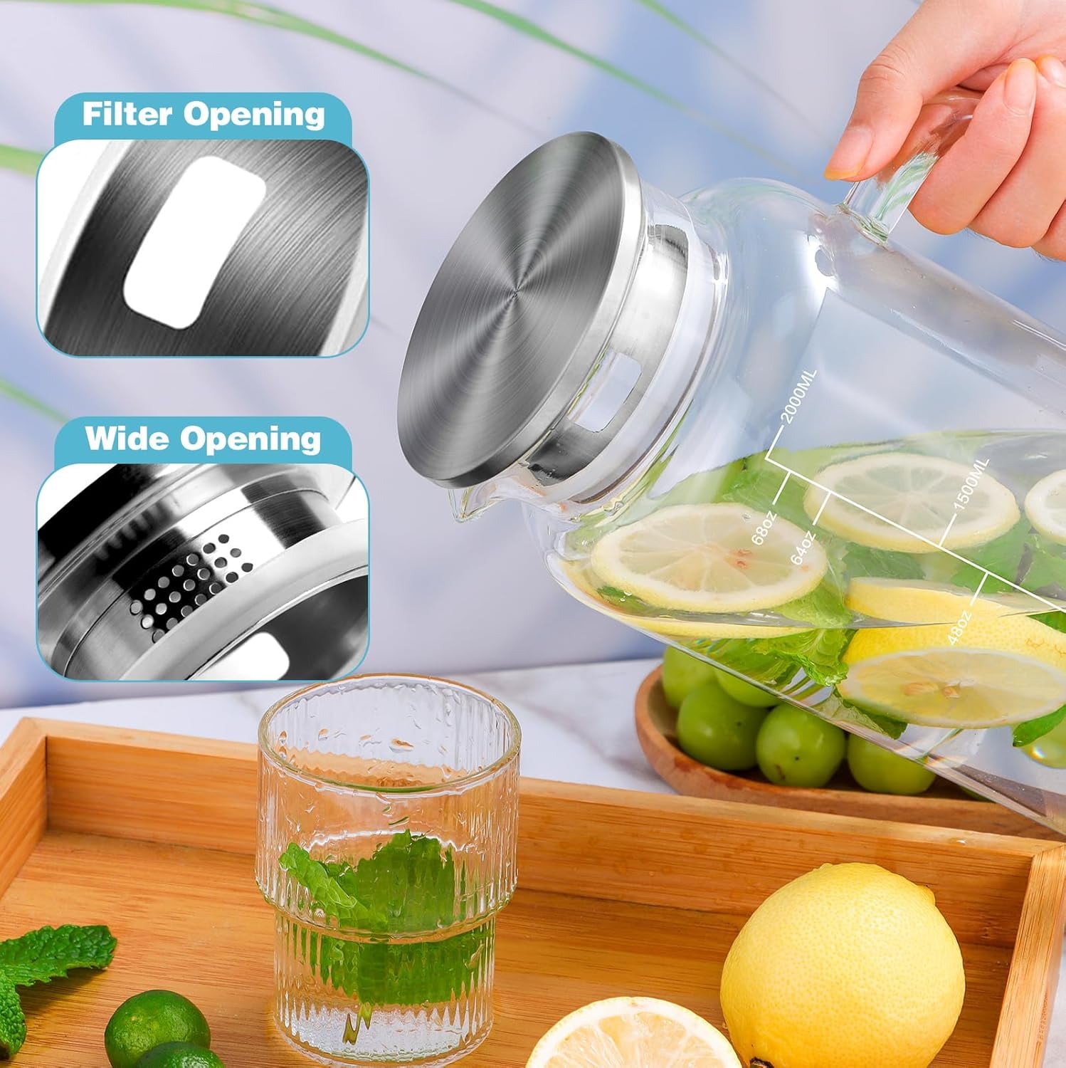 68oz Glass Pitcher with Lid, 2 Liter Water Carafe with Silicone Base and Precise Scale Line, Ice Tea Pitcher for Fridge, Anti-Slip Glass Jug for Sun Tea Juice Coffee Milk Beverage (Gray)