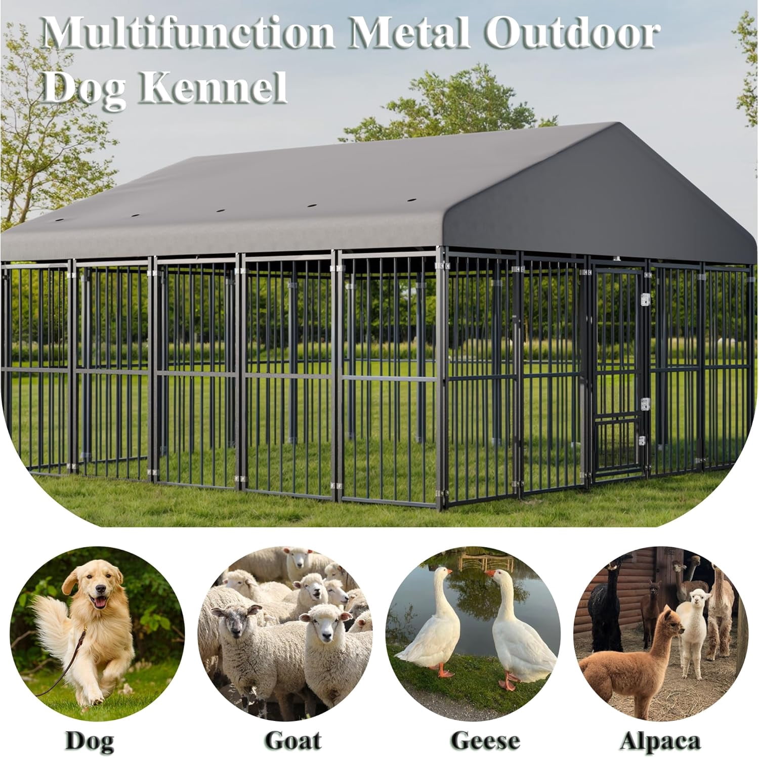 SnugVista 10x10FT Dog Kennel Outdoor, Heavy Duty Large Dog Cage with Gray Roof, Escape-Proof Double Locks & Swivel Feeding Door, Galvanized Metal Dog Run Enclosure for Outside House