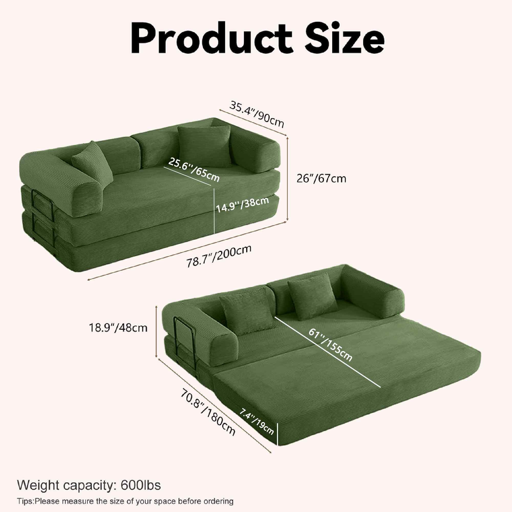 Timbernest 78.7" Convertible Sofa Bed, Foldable Futon Corduroy Sleeper Sofa for Small Apartments, Guest Room, Dorm, Army Green