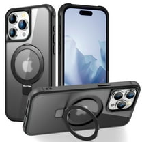 Magnetic Bracket Case for iPhone 15 Pro Max Ring Holder Kickstand Translucent Case with MagSafe Compatible Car Mount Holder, Shockproof Hybrid Wireless Charging Dustproof Slim Cover, Black