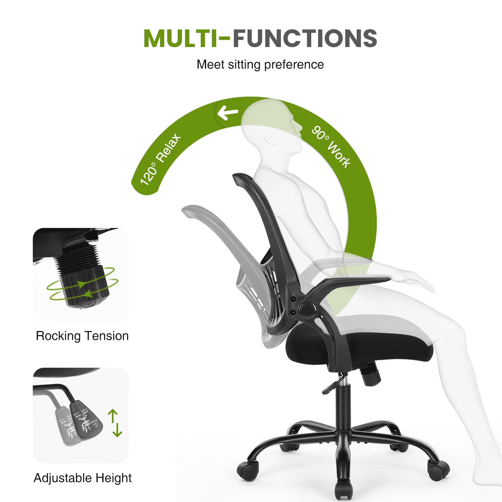 Gianna Ergonomic Mesh Office Chair with Adjustable Armrests, Lumbar Support, and Mid-Back Design for Home & Desk Use with Smooth-Rolling Wheels, Black