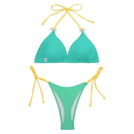 JIANJIA Womens Swimsuits Solid Color Sexy Lace Up Halter Brassiere With Thongs Swimsuit Two Piece Bikinis Swimwears Activewear Green Xl
