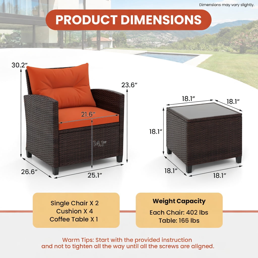 Hommoo 3-Piece Outdoor Rattan Patio Furniture Set with Washable Cushions, Orange
