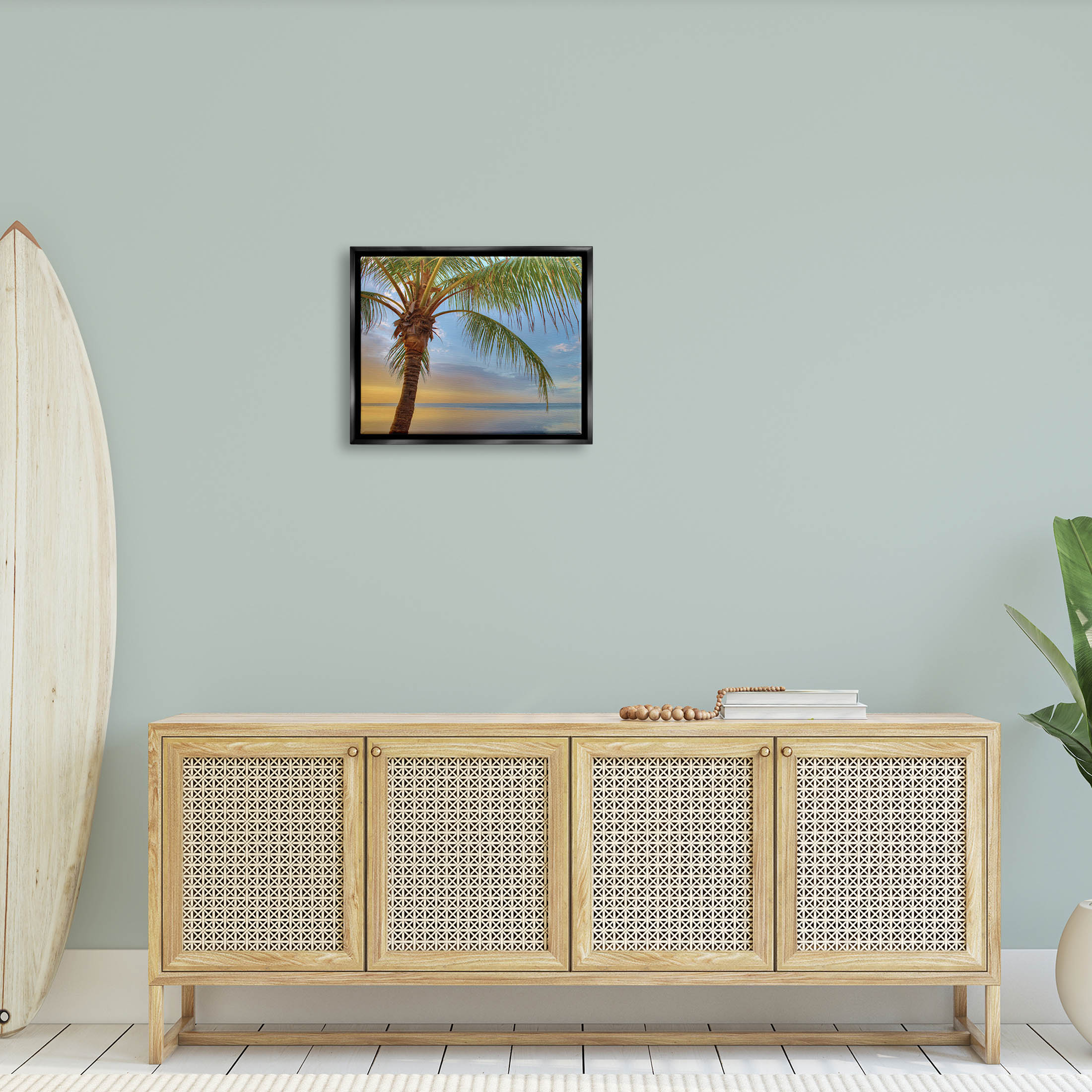 Sunrise Palm Tree Sky Reflection Coastal Photograph Jet Black Framed Art Print Wall Art
