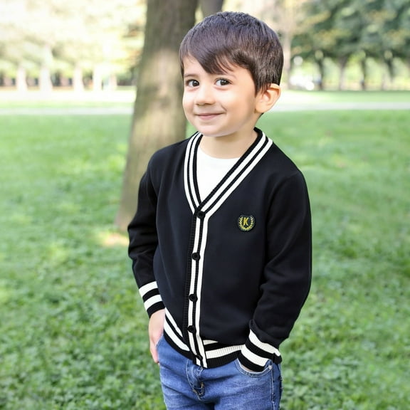 Tfken Boys Kids Sweater V-Neck Long Sleeve Color Block School Uniform Fall Varsity Sweater Black Size 4-5 Years