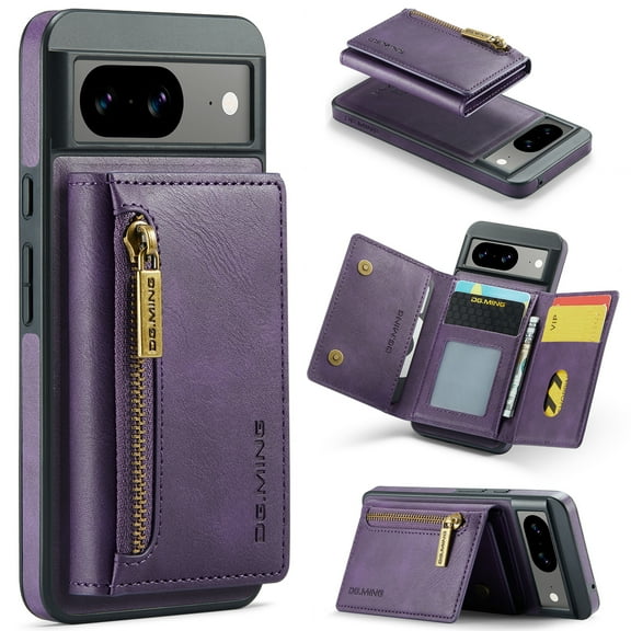 Dteck Retro Wallet Case for Google Pixel 9 Pro XL, Zipper Pocket Wallet Card Holder Faux Leather Magnetic Detachable with Drop Protection Phone Case Kickstand Wireless Charging Compatible, Purple