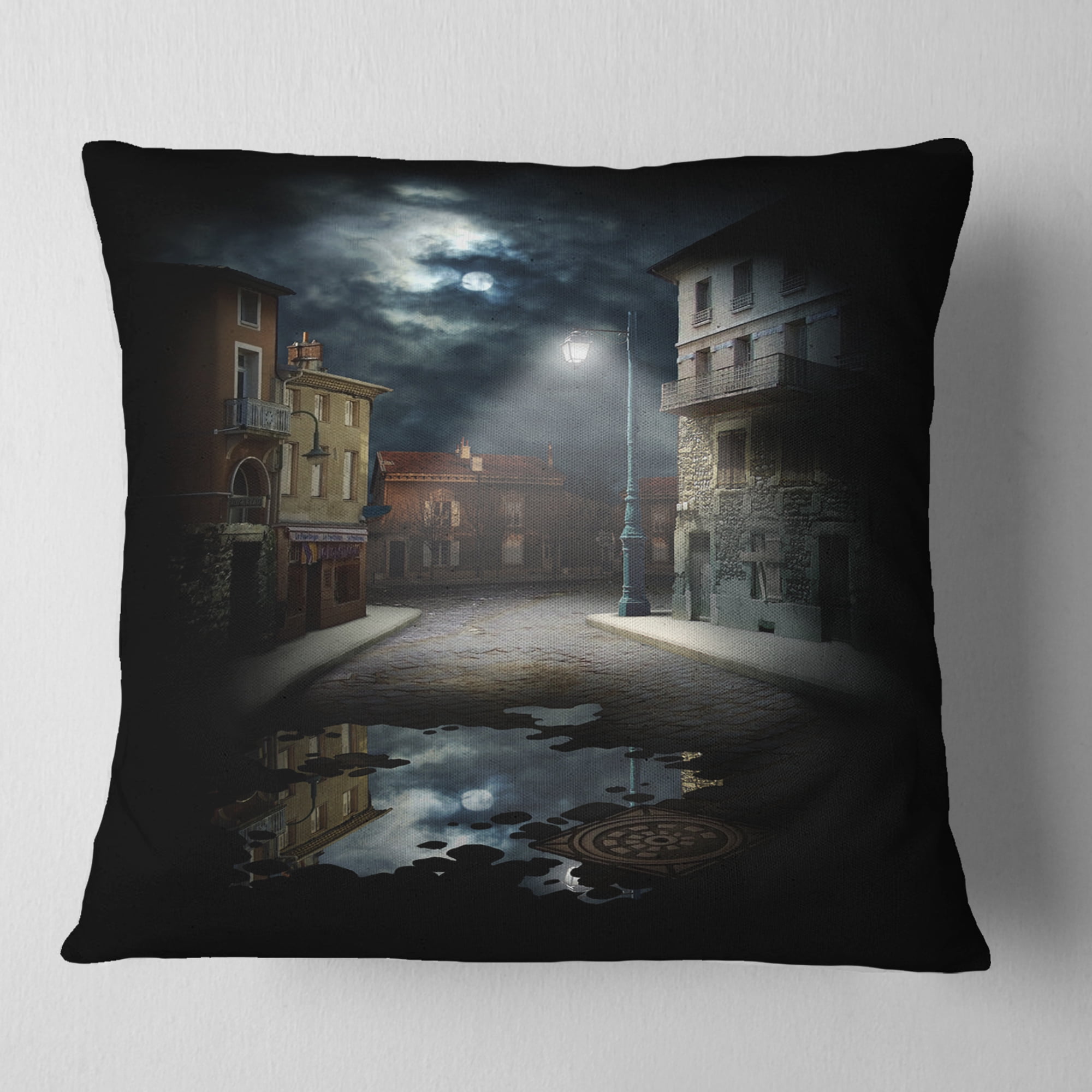 Designart Night Street Collage - Landscape Printed Throw Pillow - 16x16