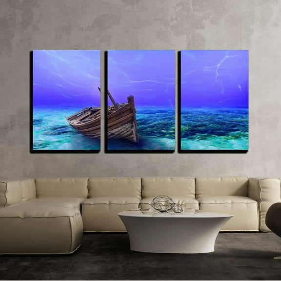 wall26 - 3 Piece Canvas Wall Art - Underwater Wreck Background in The Sea - Modern Home Art Stretched and Framed Ready to Hang - 24"x36"x3 Panels