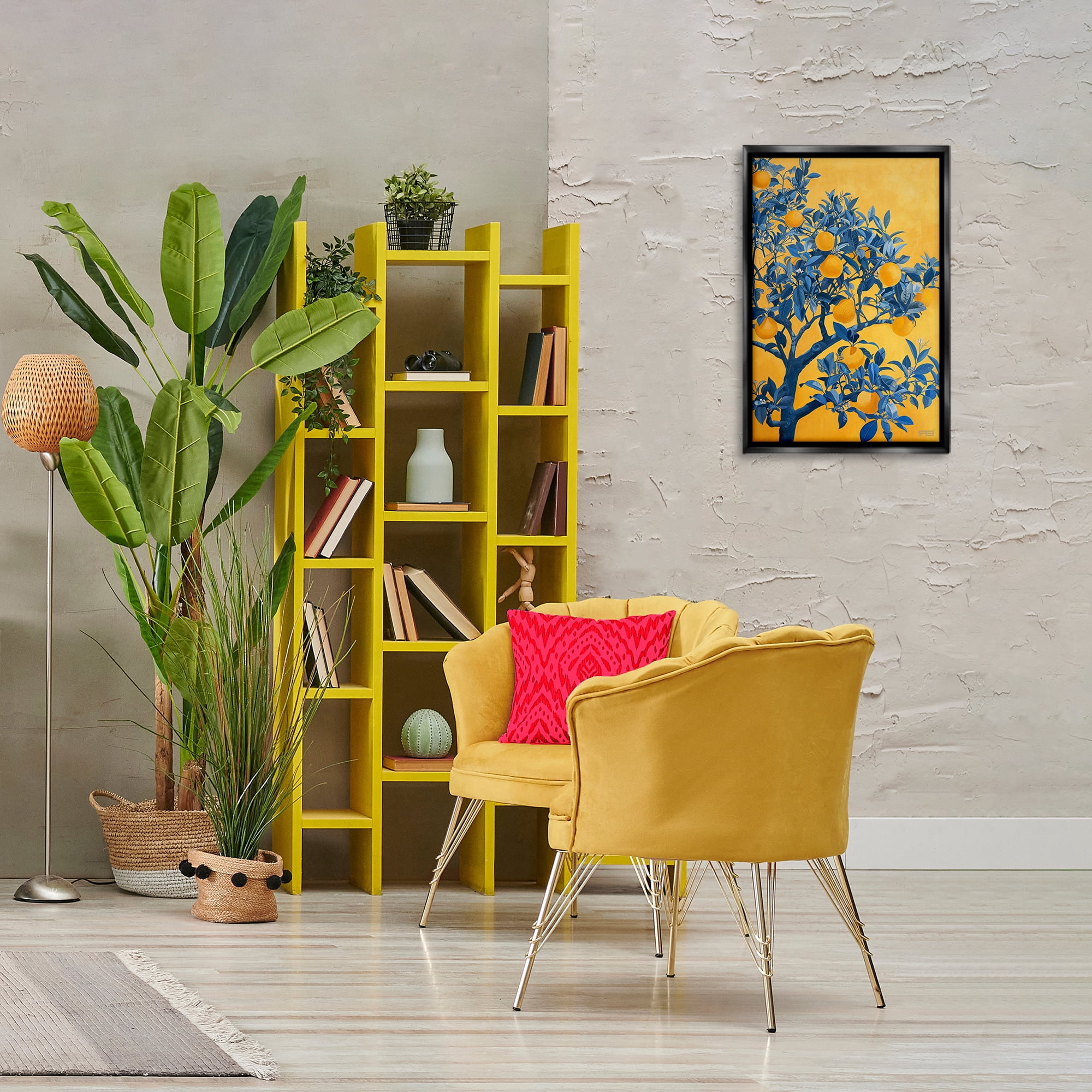 Stupell Industries Lemon Tree on Orange Food & Beverage Painting Black Floater Framed Canvas Art Print Wall Art, 17 x 25
