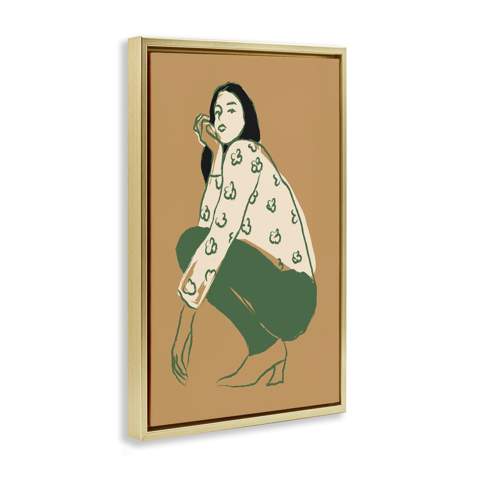 Stupell Industries Fashion Girl Kneeling Novelty Painting Gold Floater Framed Art Print Wall Art, 17 x 25