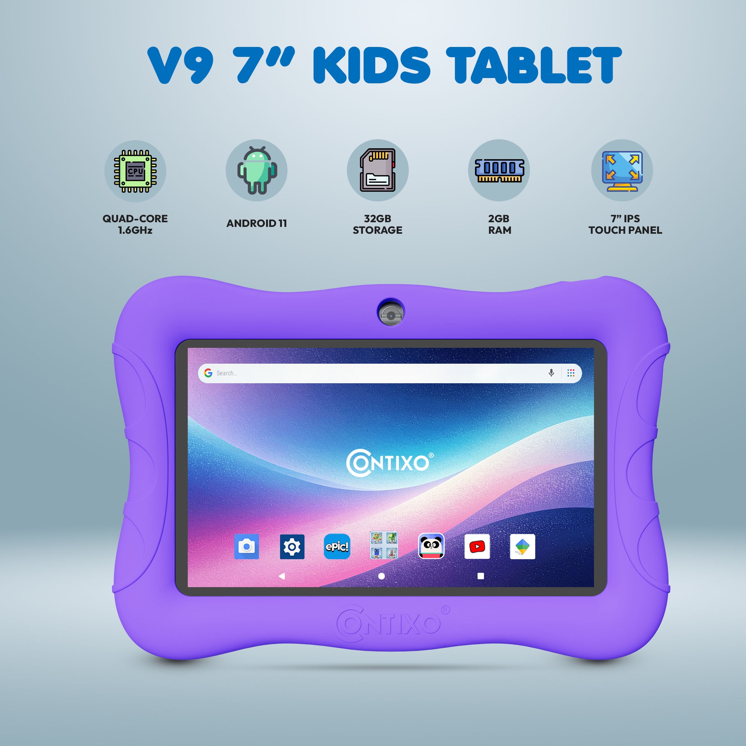 Contixo 7-Inch Kids Tablets Bundle, Educational Android Tablet with Headphones and Carrying Sleeve, Purple
