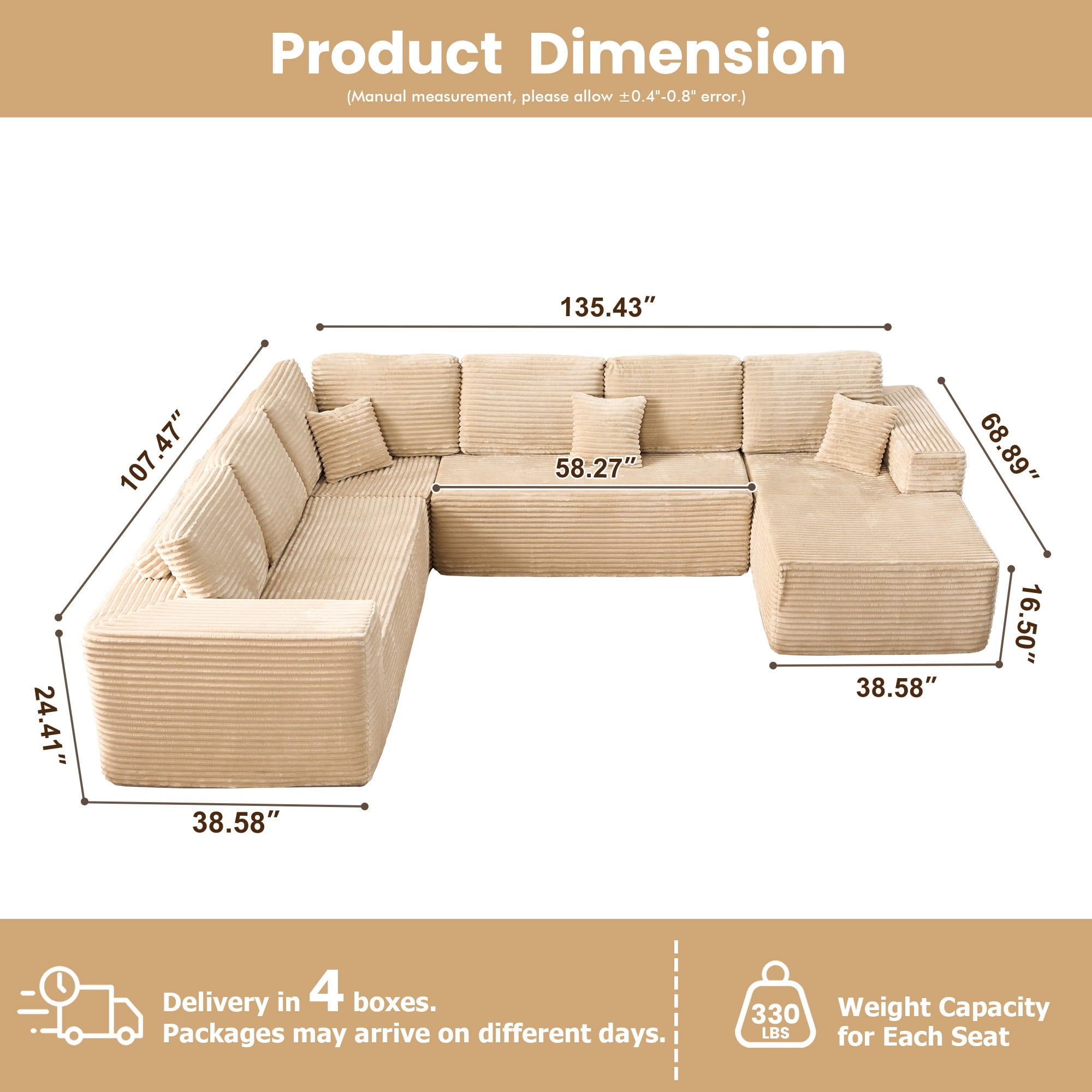 Ovios 135'' x 107'' U-Shaped Oversized Sectional Sofa Modern Modular Cloud Couch with Deep Seat Plush Corduroy Upholstered Large Comfy Sofa for Living Room, No Assembly, Beige