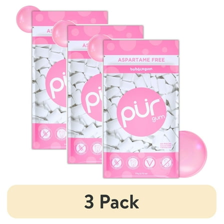 (3 pack) PUR Gum, Aspartame Free, Sugar Free & 100% Xylitol, Bubblegum Chewing Gum, 55 Pieces, Pack of 1