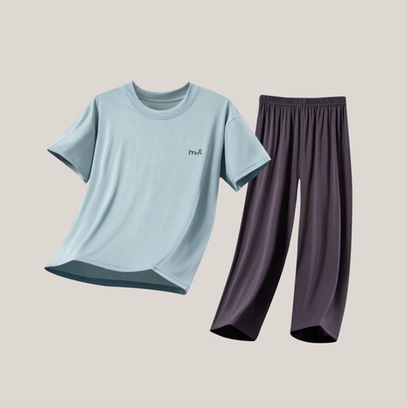 Girls Boys Summer Outfits Comfy Cotton Casual Short Sleeve T-Shirt Elastic Waist Pants 2 Pieces Loungewear Sets Blue 12-14 Years