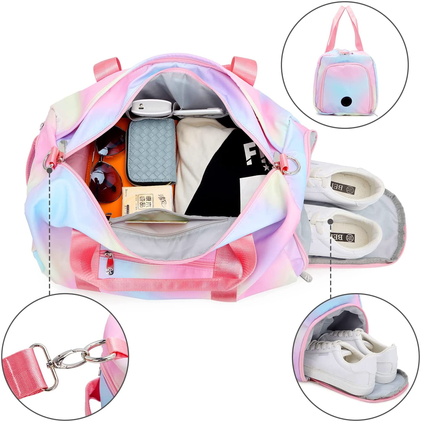 YINYUN Women Girls Travel duffle Bags with Shoe Compartment Wet Pocket (Rainbow Pink)