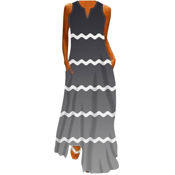 Uaswgudfs Summer Dresses for Women 2025 Sleeveless Wavy Hem Maxi Sundress – V-Neck Casual in Lightweight Fabric for Beach & Daily Wear Black L