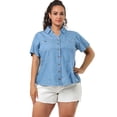 thumbnail image 3 of Women's Plus Size Shirt Short Sleeve Chest Pocket Button Down Denim Shirts Light Blue 2X, 3 of 7