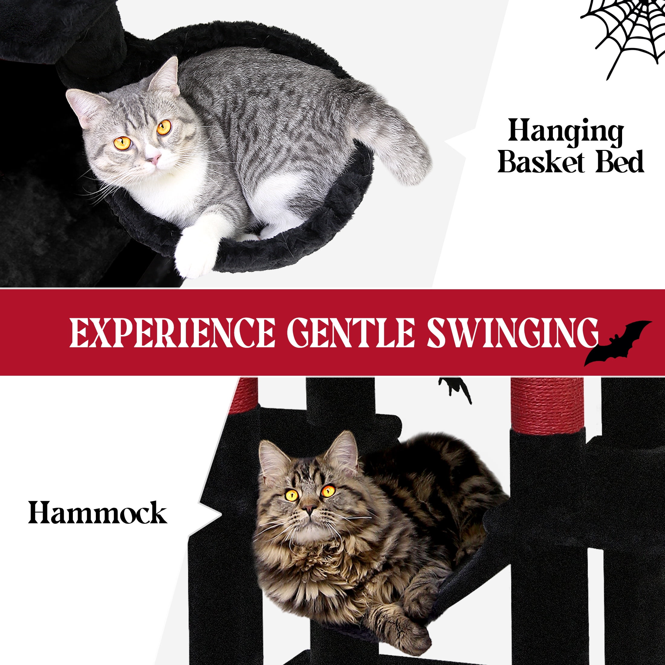 CT70F Gothic Cat Tree - 69" Tall Multi-Level Tower with Condos, Perches & Scratching Posts, Red Black
