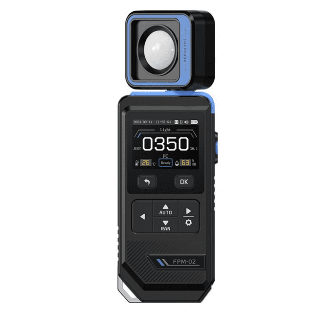 FNIRSI FPM-02 Digital Light Meter with 180° Rotating Probe, 2" Backlit LCD - Measures 0.1-99990 Lux/0.1-10000 FC, 3% Accuracy - Includes Temperature/Humidity Monitoring, Data Hold, Auto-Shutoff -