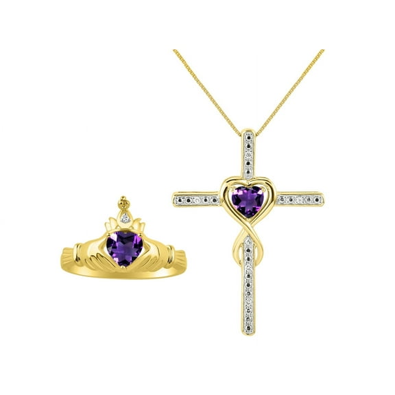 RYLOS Matching Jewelry Yellow Gold Plated Silver Claddagh Ring & Cross Necklace. Heart Gemstone & Diamonds, 6MM Amethyst February Birthstone; Size 5